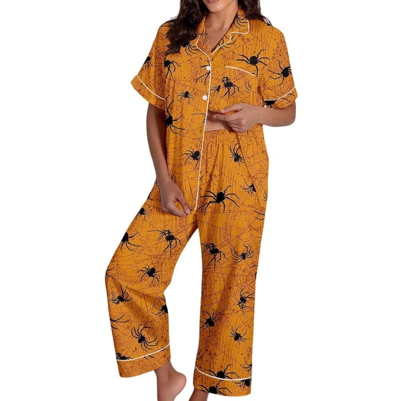 Gkeoshab Pajama Set Women Matte Satin Halloween Pajama Set Cute Ghost Print Button Short Sleeve Top & Wide Leg Long Pants Plus Size Friendly Festive Loungewear Comfortable 2 Piece Sleepwear