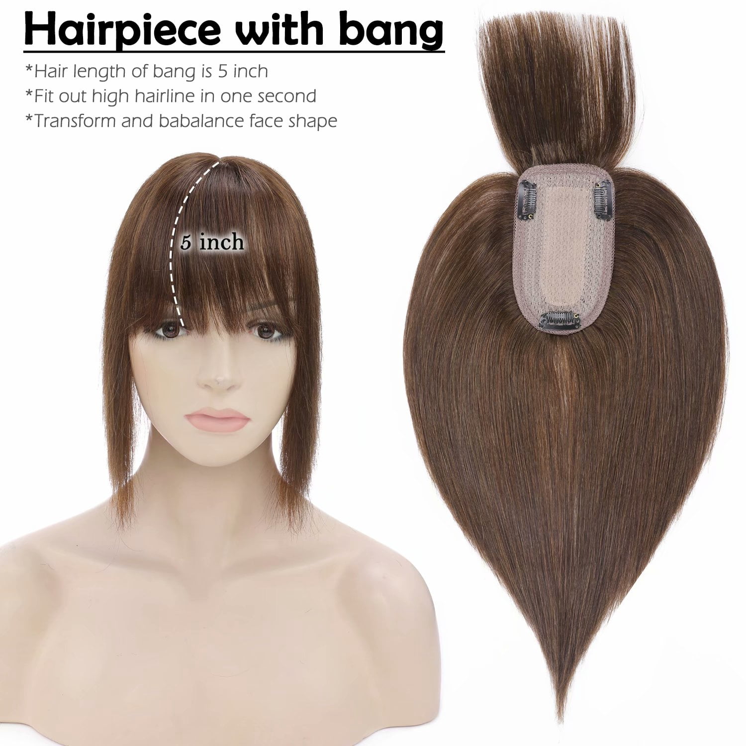 Benehair 100% Real Remy Human Hair Extensions Clip In Hairpiece with Bang Topper Toupee Women Hair Loss Silk Base Seamless 150% Density Brown