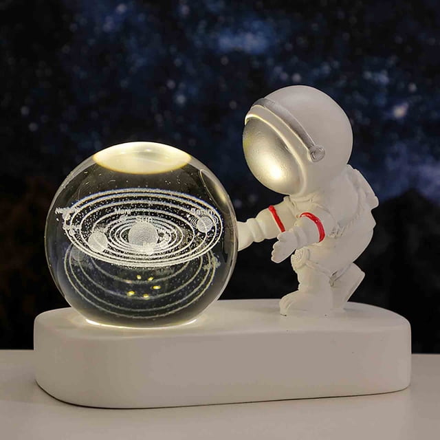 Luz nocturna de bola de cristal luminosa de galaxia planetaria | Lámpara de noche alimentada por USB de empuje manual | Luz ambiental cálida para niños | Base de madera única | Regalo decorativo