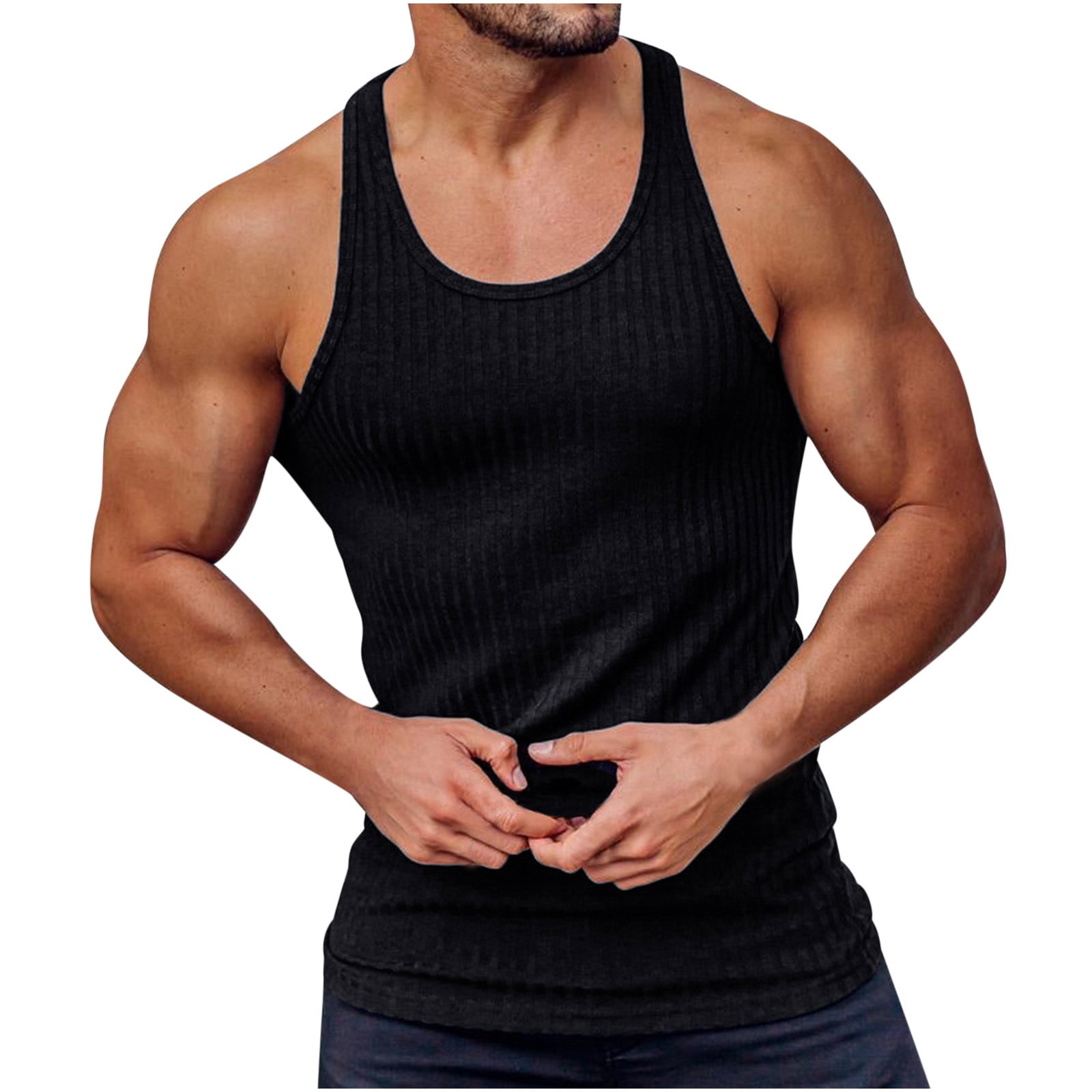 Hoksml Tank Tops Men Casual Solid Tight Fitting Sports Stripe Gym Vest For Men Summer Clearance Black