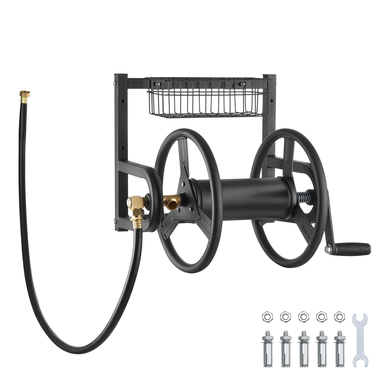 Wall-mounted garden hose reel 125 '5/8 ", reel with brass fittings, outdoor hand reel, yard lawn storage basket, space saving