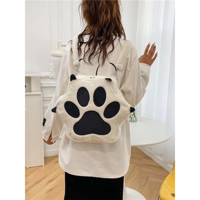 Cartoon Puppy Paw Plush Backpack Y2K Faux Fur Daypack Purse Cute Fluffy Schoolbag for Women