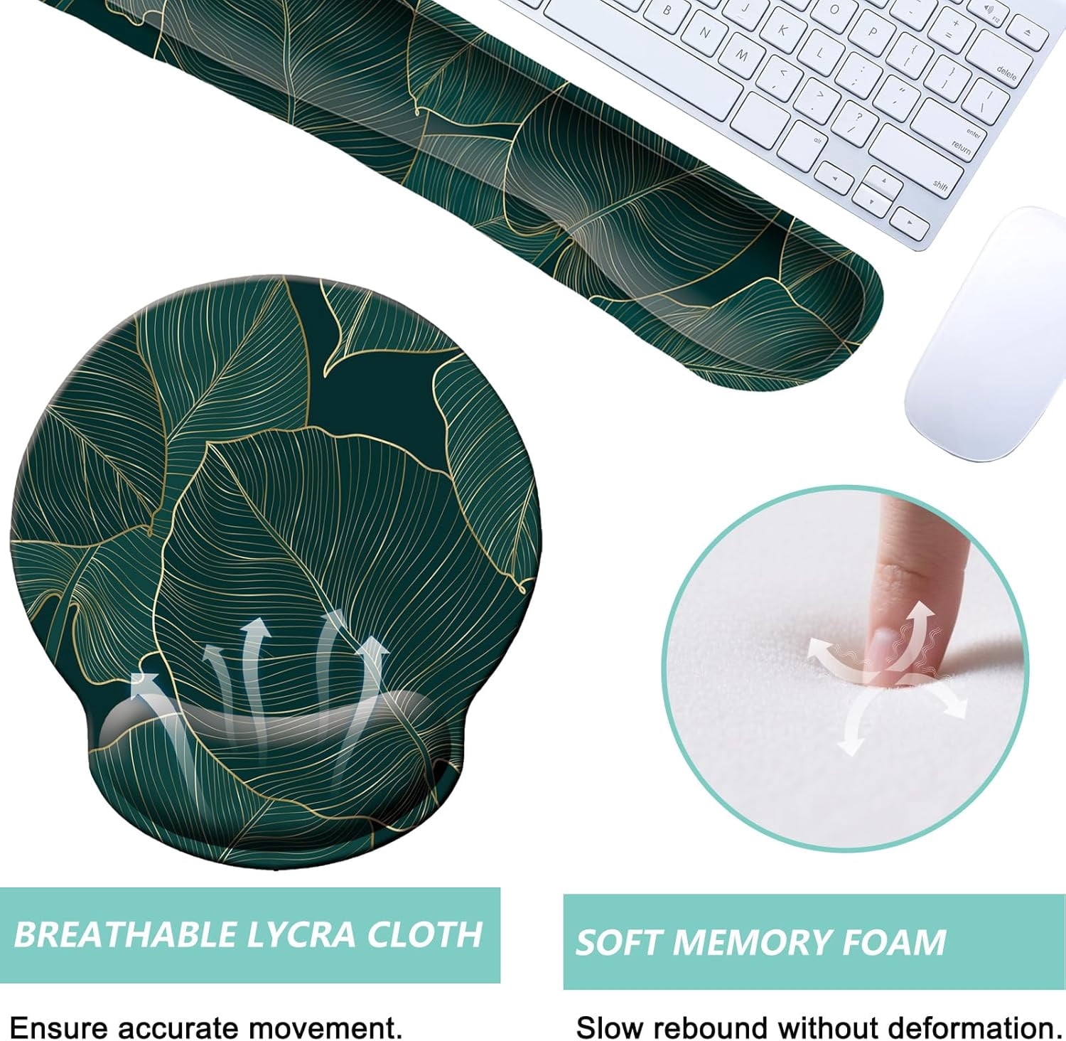 Keyboard Wrist Rest Pad Mouse Pad with Wrist Support Set of 3, Mousepad with Non-Slip Rubber Base, Ergonomic Memory Foam Mouse Wrist Cushion Support for Home Office Laptop Computer, Green Leaves