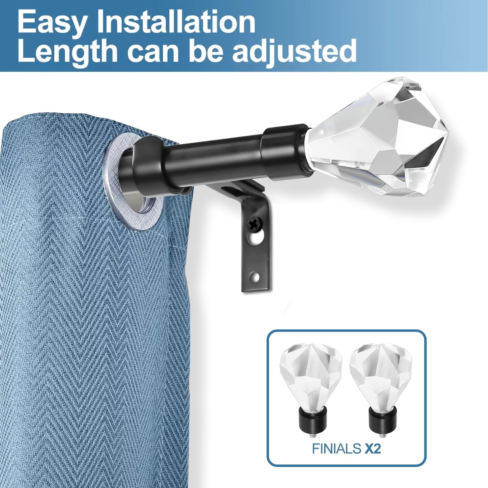 Urbanest Real Crystal Diamond-cut Elegant Designer Curtain Rod – Solid Metal Rod with Genuine Crystal Finials – 3/4" Adjustable , Heavy-Duty, Decorative, Sparkling Design, 48" to 84", Matte Black