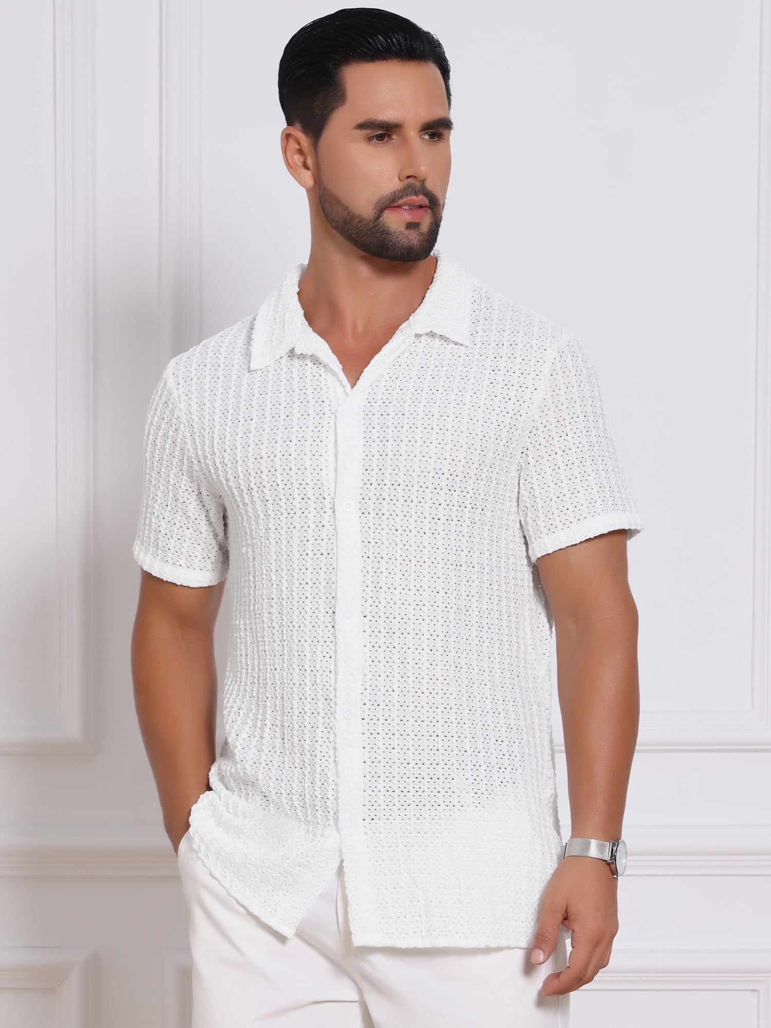 DARING DIVA Men's Casual Knitted Hollow Out Short Sleeve Shirt M White