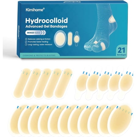 Kimihome Hydrocolloid Gel Blister Bandages for Feet, 21 Count, Waterproof Heel Cushions for Blister Prevention & Treatment(Heel Pack&Toe Pack&Spot Pack)