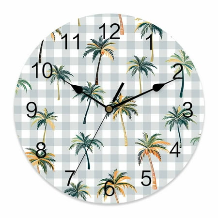Wall Clock Coconut Palm Trees Clocks PVC Silent Non-Ticking Battery Operated Decorative Grey Buffalo Plaid Round Clock for Home Living Room Kitchen Bedroom Office School Wall Decor 10 Inch
