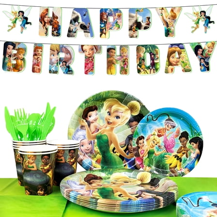Tinker Bell Birthday Decorations Tableware,Tinker Bell Birthday Party Tableware Set-Tinker Bell Birthday Plates Napkins Cups Tablecloth etc Tinker Bell Party Tableware for Tinker Bell Party Supplies