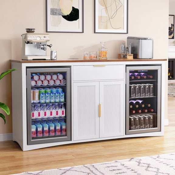 Long Coffee Bar Cabinet with Fridge Space, 70.1" Modern Wine Liquor Cabinet,White