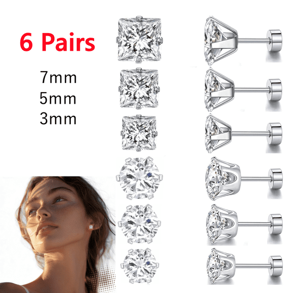 6 Pairs Titanium Flat Back Earrings, CZ Stud Earrings for Women Men, Surgical Stainless Steel Hypoallergenic Cubic Zirconia Earrings