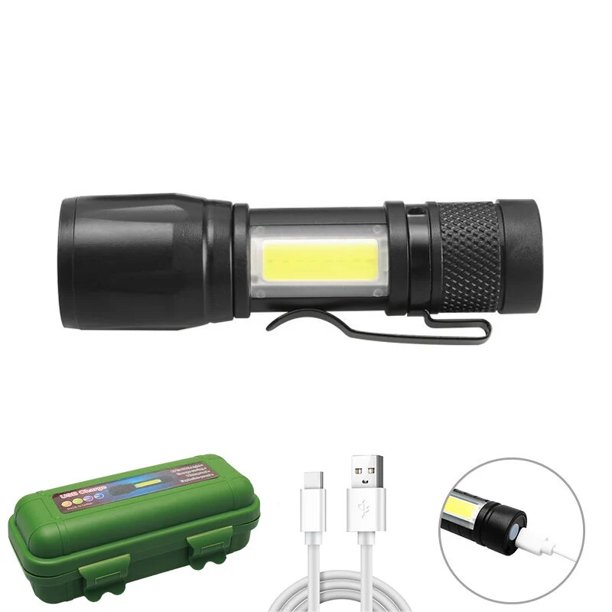 Mini linterna LED Q5 Zoom portátil con batería integrada, linterna COB de carga USB, lámpara ajustable de 2000 lúmenes para exteriores