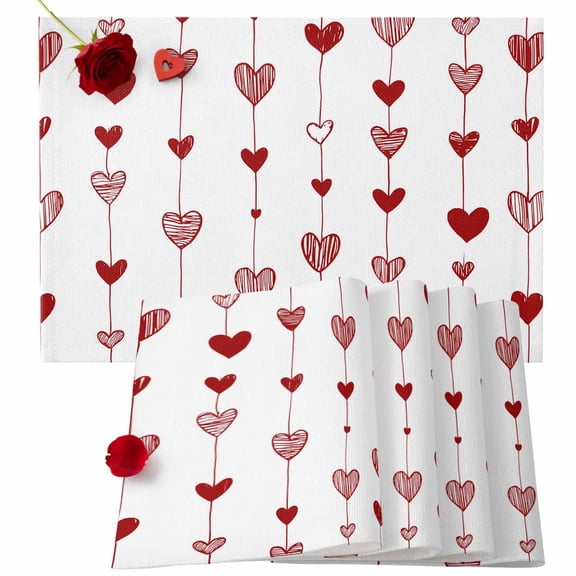 Valentine's Day Placemats Set of 6, Red Love Heart Place Mats Stripe Lines Romantic Tablemats Placemat Table Decoration for Kitchen Table Dinner Wedding Party Home Decor Indoor Outdoor 13x19 Inch