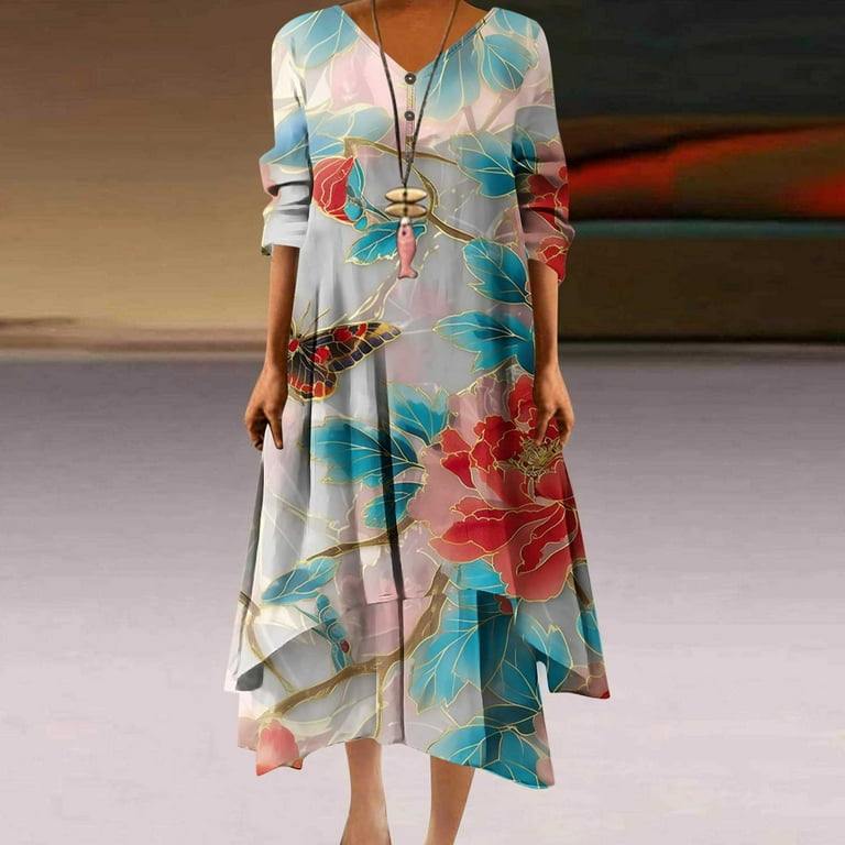 BangWanChi Red Dresses for Women Women Casual Loose Printed