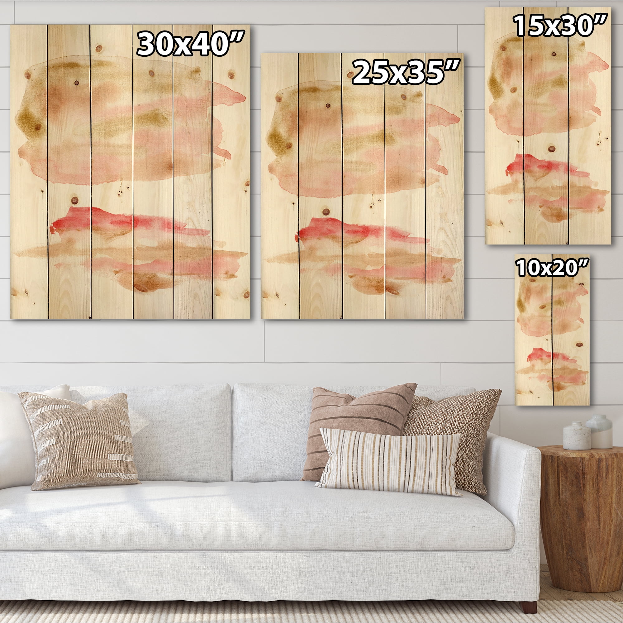 Designart 'Abstract Clouds Set With Pink Gold Beige and Red' Modern Print on Natural Pine Wood