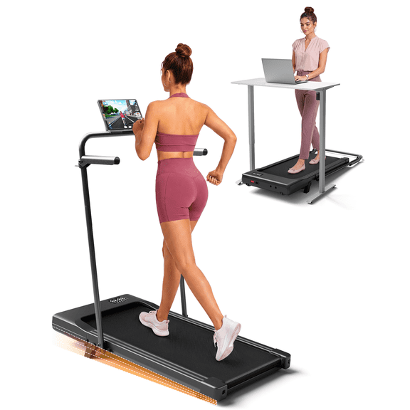 MJWW Treadmill Walking Pad with Handrail, Phone Holder and 6% Incline, 300LBS Capacity Portable Under Desk Treadmill for Apartment and Home Office, Quiet Mini Treadmill with App & Remote Control, No