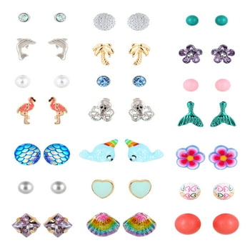 Young Girl's Multicolored Beach Theme Earring Set. 21 Studs Acrylic Stones and Summer Silhouttes.