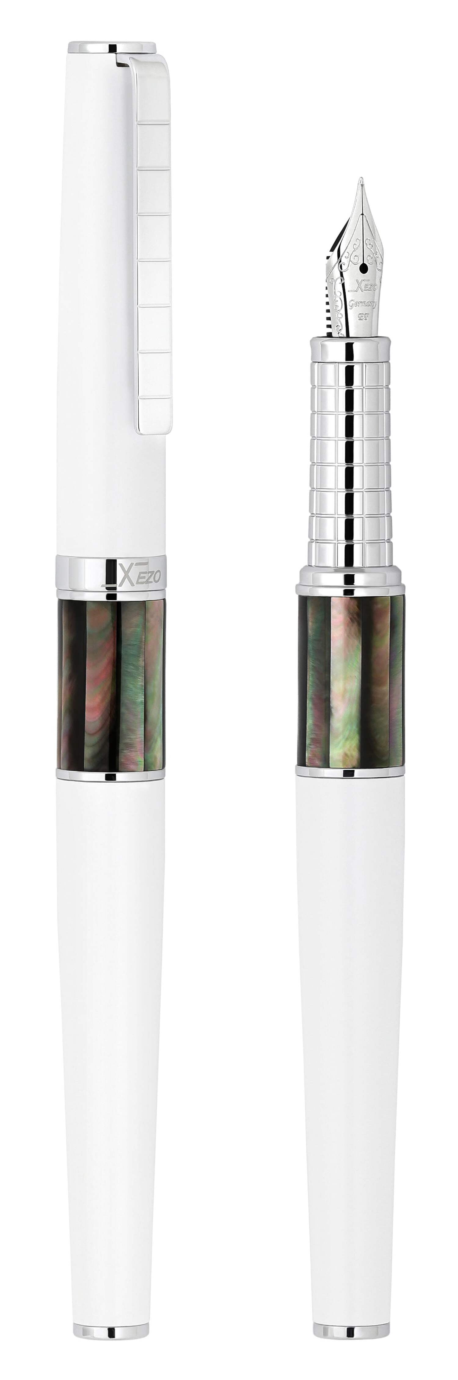 Xezo Speedmaster® White Brass Fountain Pen (Extra Fine Nib) - With Tahitian Black Mother of Pearl