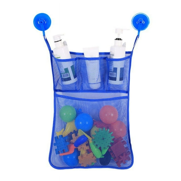 Bath Toy Organizer With 2 Ultra Strong Suction Cup Hooks Mold Resistant Mesh Net Basket - 3 Soap Shampoo Dividers - Keeps Kids Bathtub Games Dry
