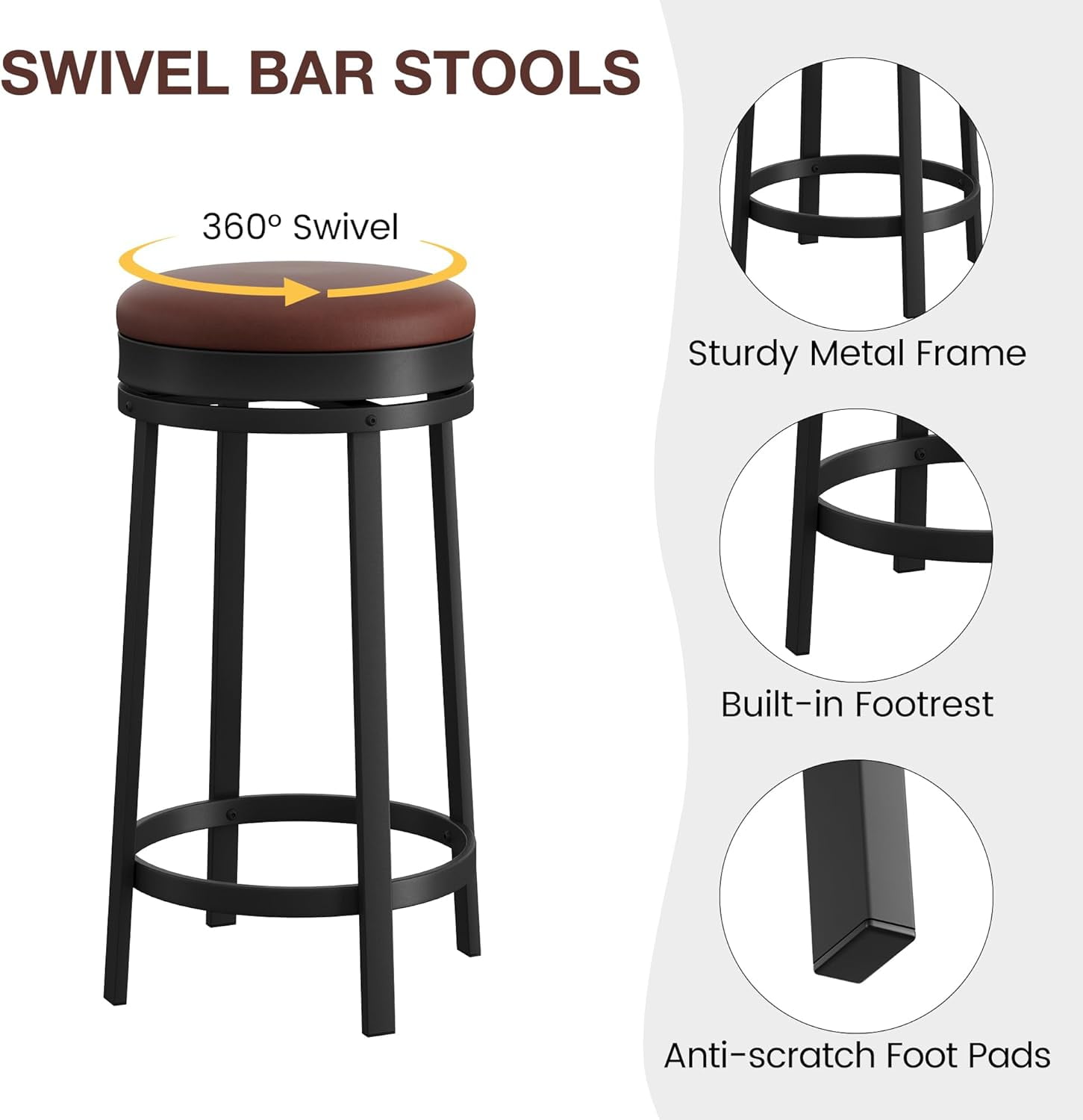 Garvee Set of 4 Swivel Bar Stools, 24" Counter Height Barstools with PU Leather Cushion, Backless Round Kitchen Bar Stools with Footrest, Brown Metal Frame