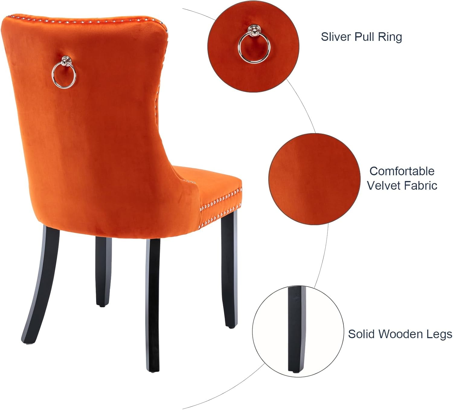 MOONMISS Dining Chairs 2-Pcs Set, High-end Velvet Upholstered Accent Chairs Button Tufted Dining Chairs with Back Ring Pull and Nailhead Trim,Orange