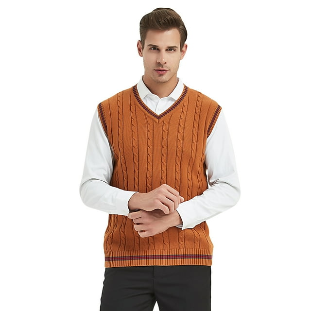 TOPTIE Gilet en Tricot 100 % Coton pour Hommes, Motif Torsadé Col en V