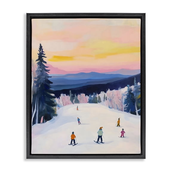 Stupell Industries Farmhouse Snowy Mountain Skiers at Sunset Black Floating Frame Canvas Art, 17 x 21, by The Prints Vibe