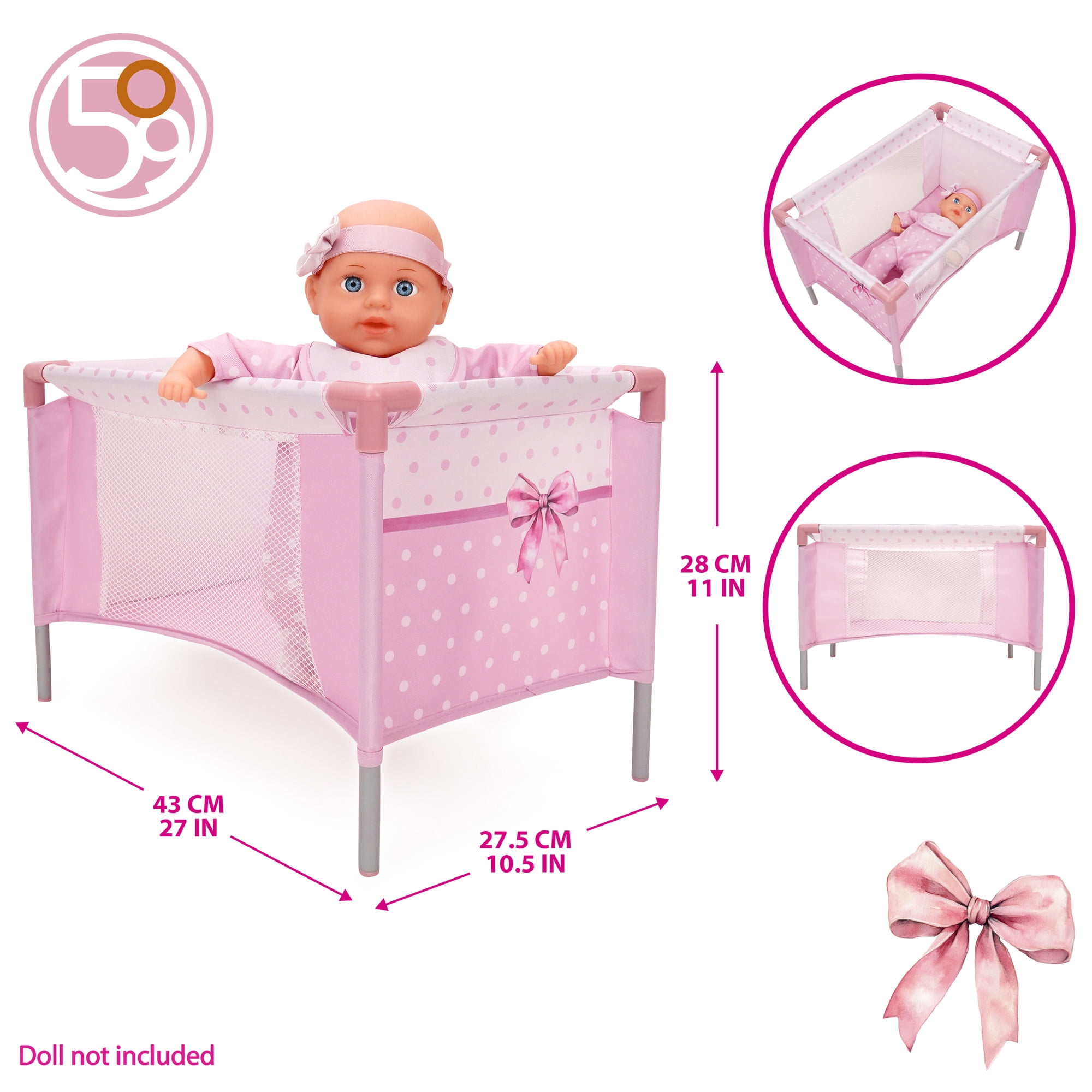 509 Crew: Bow Travel Care n Feed Set - Pink & White, 8pc On-the-Go Doll Accessories, Highchair-Umbrella Stroller-Play Yard, Doll Roleplay Toy, Kids 3+