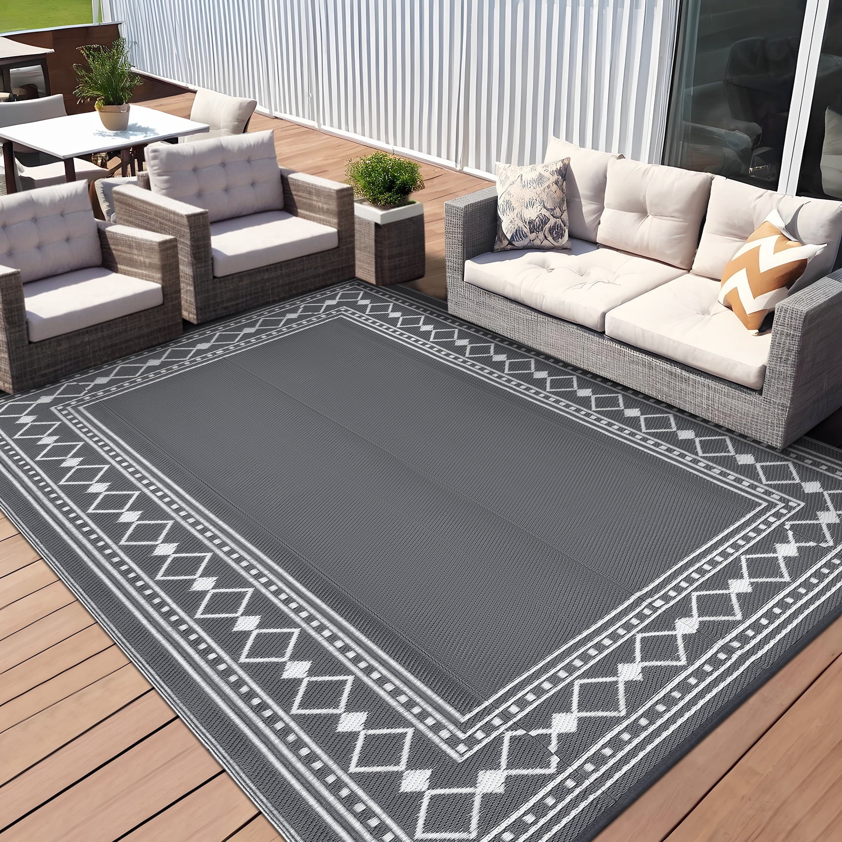 Memoryfield Outdoor Rug 9' x 18' Waterproof Patio Rug, Reversible Plastic Outside Carpet for RV Camping Deck Balcony Porch, Gray