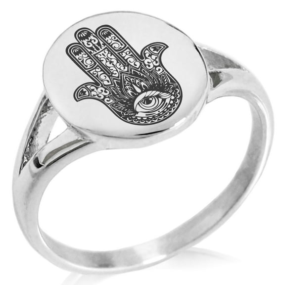 Stainless Steel Lotus Hamsa Hand of Fatima Minimalist Oval Top Polished Statement Signet Ring