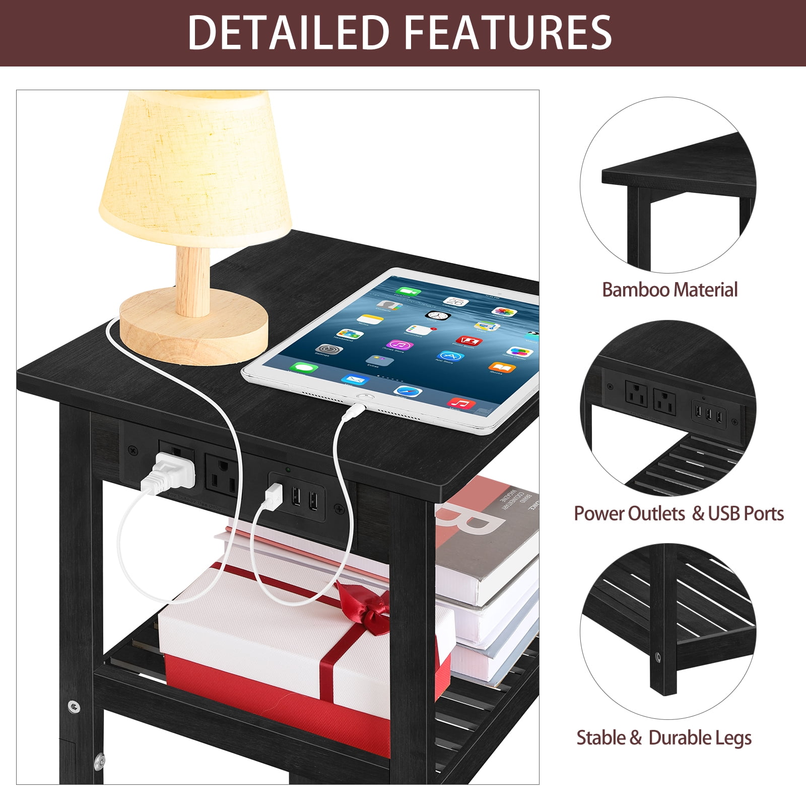 2 pack End Table with Charging Station and USB Ports 3-Tier Side Table NATURAL WOOD