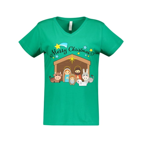 Inktastic Merry Christmas Cute Nativity Scene Women's V-Neck T-Shirt