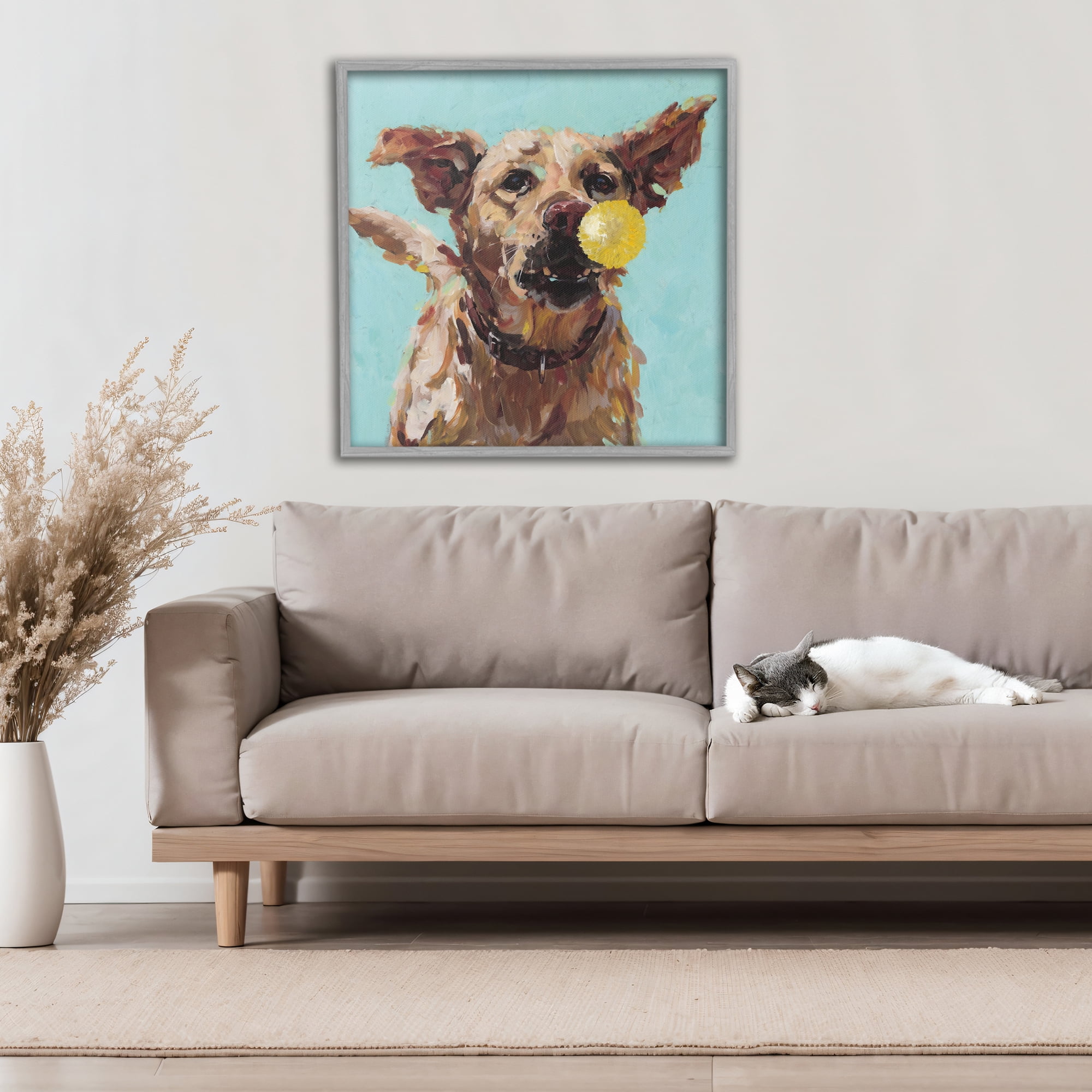 Dog Playing with Ball Gray Framed Giclee Art, design by Studio Bautista