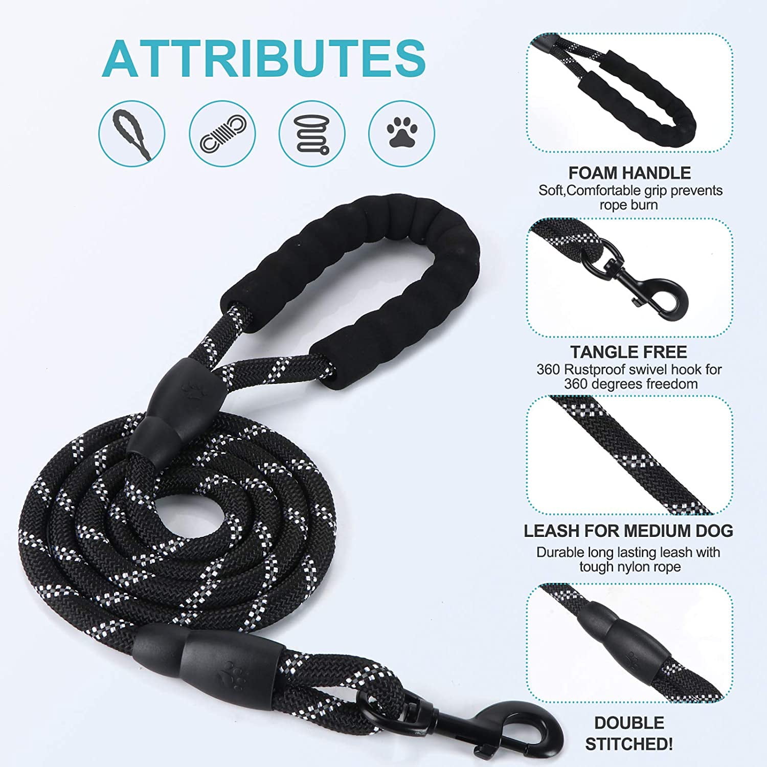Rirool 5ft Black Nylon Rope Dog Leash with Padded Handle photo 3