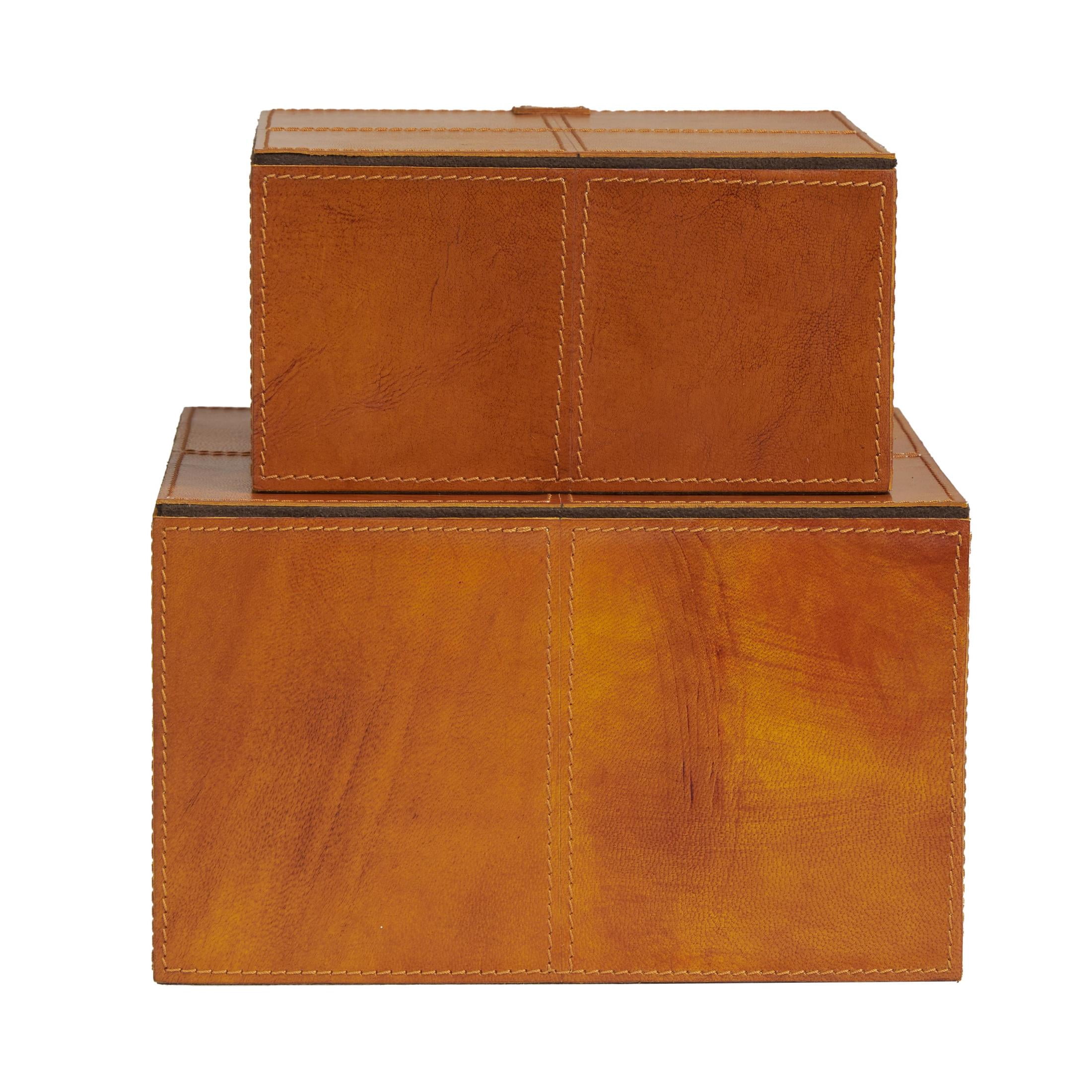 DecMode Handmade Storage Brown Leather Decorative Box with Snap Front Closure and Detailed Stitching, 2 Count