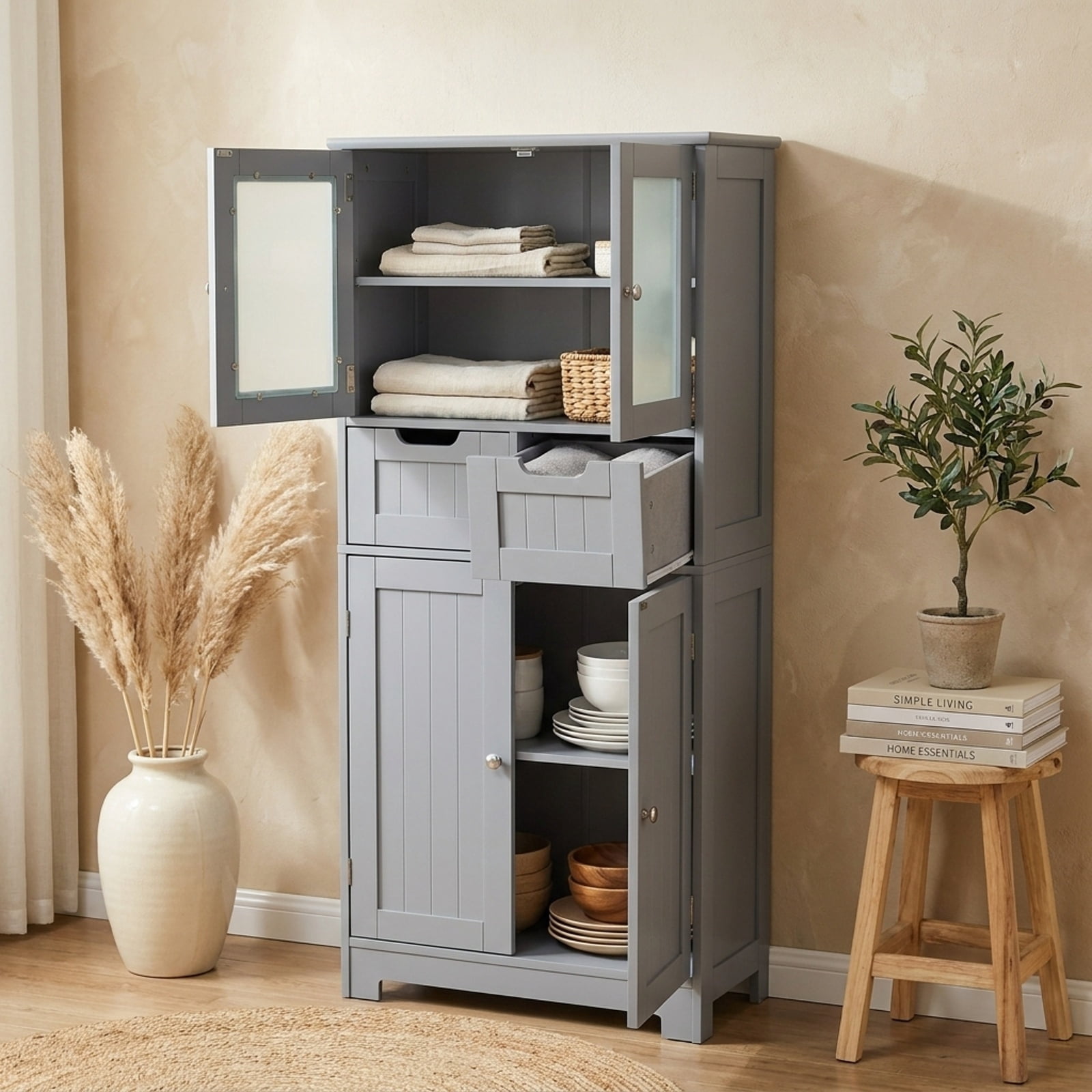 Vebreda Freestanding Bathroom Storage Cabinet, 4 Door Freestanding Bathroom Floor Storage Cabinet with 2 Drawers and Glass Doors