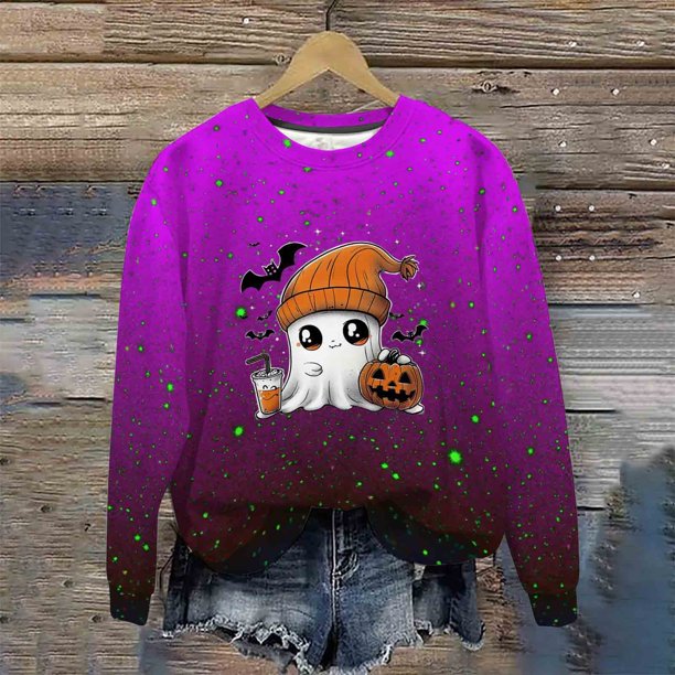 Heisall Womens Hoodies Halloween-themed Sparkling Print Round Neck Long Sleeve Fleece-lined Casual Sporty Fashion Sweatshirts