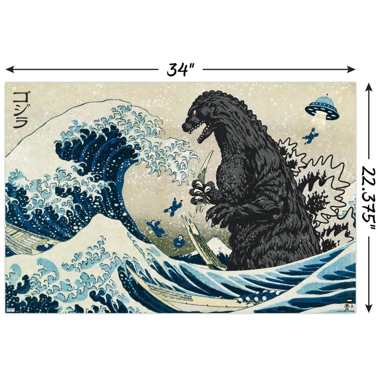 GODZILLA　直筆サイン入り　ポスター複製画 Trends International, Godzilla - Great Wave Wall Poster, 22.375