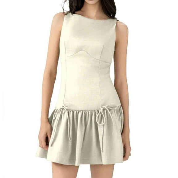 Women'S Sleeveless Pleated Dress Mini Dress A Line Solid Color Round Neck Girdling Feature Bow- Zipper Back Beige S