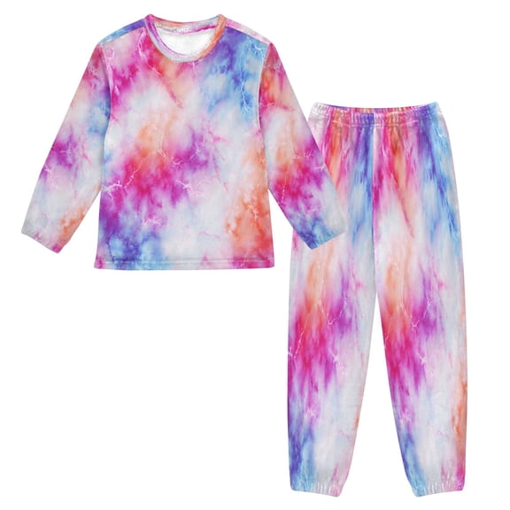 Fluffy Pajamas Set Fuzzy Winter Warm Pj Sets Pullover Tops and Long Pants Pink and Blue Tie-dye Pattern X-Small