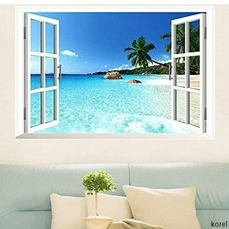 Window Decal Sticker - Large Removable Beach Sea 3D Window View Scenery Wall Sticker Decor Decals