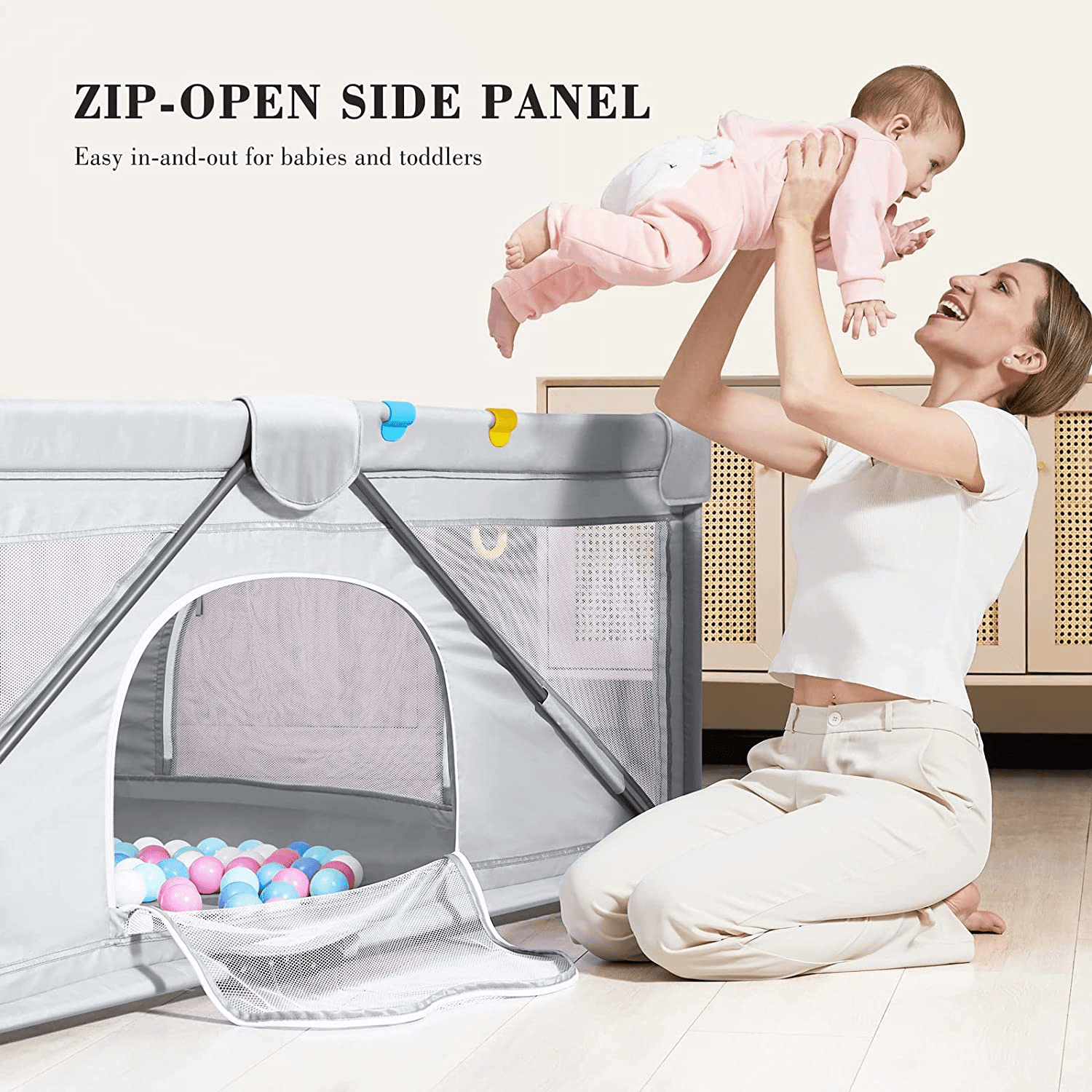 Yobear Baby Playpen, Foldable Playpen for Babies and Toddlers, Indoor & Outdoor Baby Activity Center with Visible Breathable Mesh, Portable Play Yard with 2 Handlers+50 Balls-50”×50”(Grey)