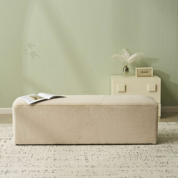 Christopher Knight Home Long Plush Ottoman Bench, Modern Simple Rectangular Footstool, Almond Upholstery