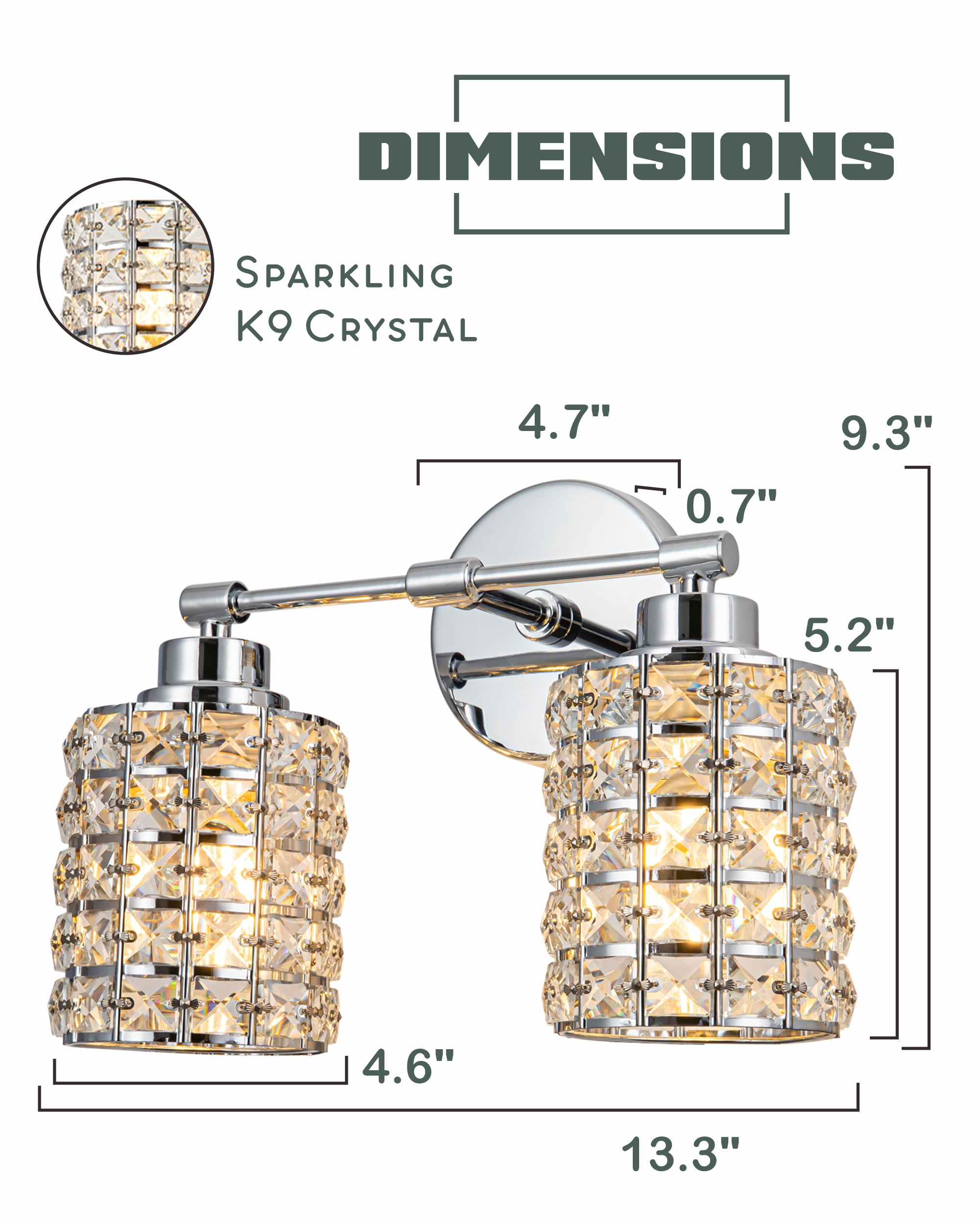 2-Lights Vanity Lights, Crystal Bathroom Light Fixtures Over Mirror Indoor Lighting Matte Black with Crystal Shades for Makeup & Dressing Table Foyer