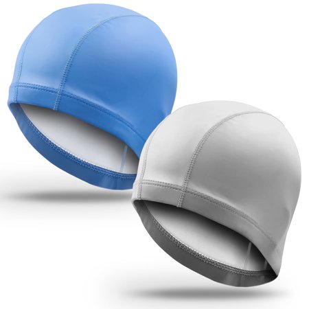 TSV 2pcs Swimming Caps, 3D Silicone Anti-Tear Swim Hats Waterproof for Adult Unisex, Silver and Blue