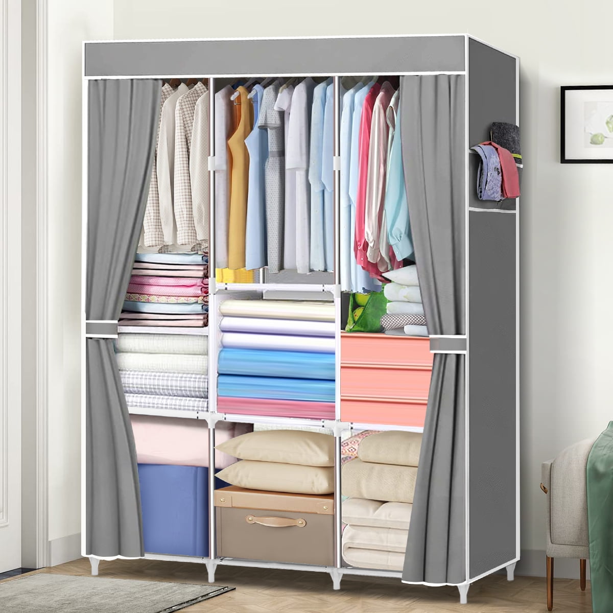 Closet Organizer with 3 Hanging Rod 65*41 Inch Clothes Rack with 7 Shelves, Portable Closet with
