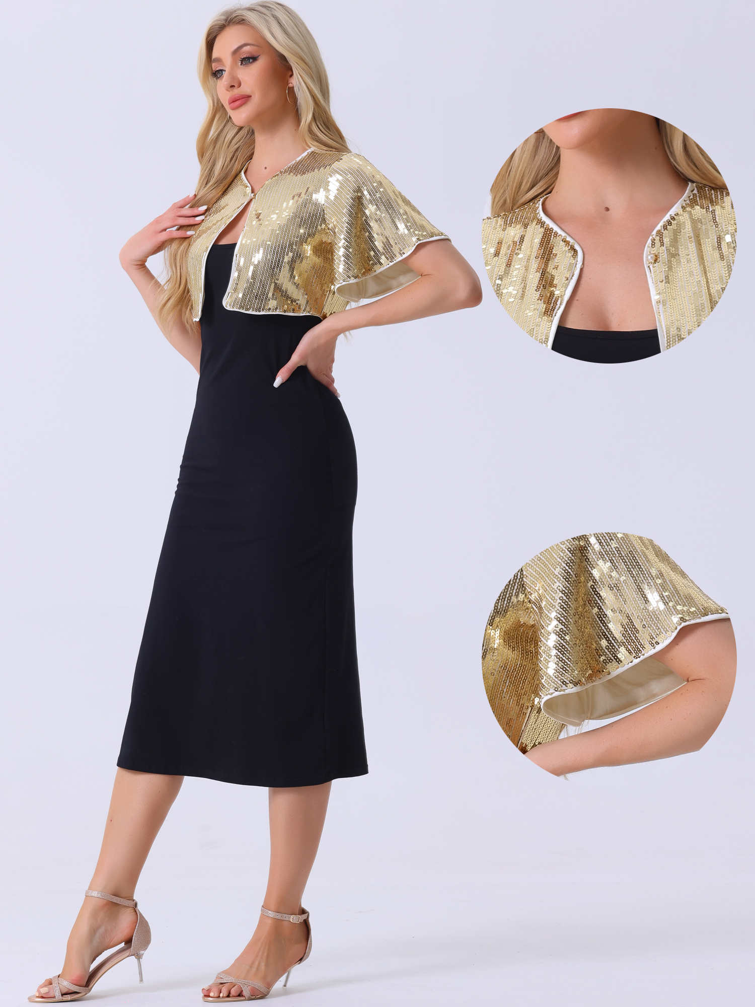 DARING DIVA Flared Sleeve Crop Shrug Bolero Glitter Jackets S Light Gold