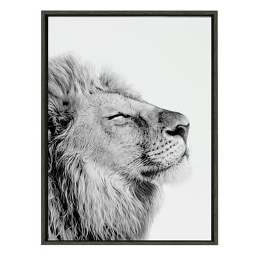 Kate and Laurel Sylvie Self Actualizing Lion Print Black and White Portrait Framed Canvas Wall Art by Amy Peterson, 23x33 Dark Grey