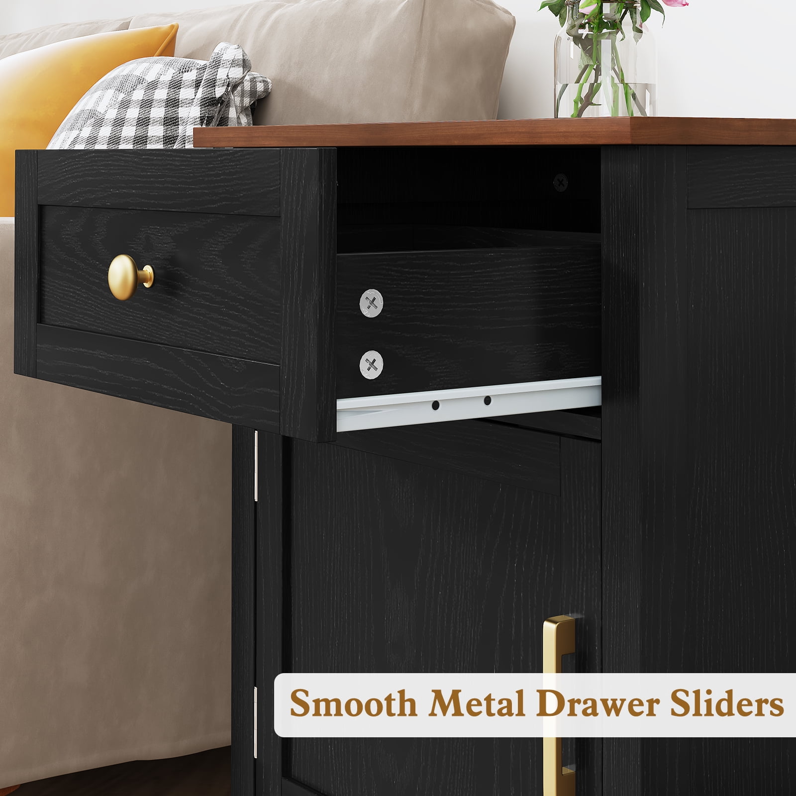 HLR 19" Farmhouse Nightstands Set of 2 with Drawer and Door, Wood Bedside Table End Table for Bedroom, Black