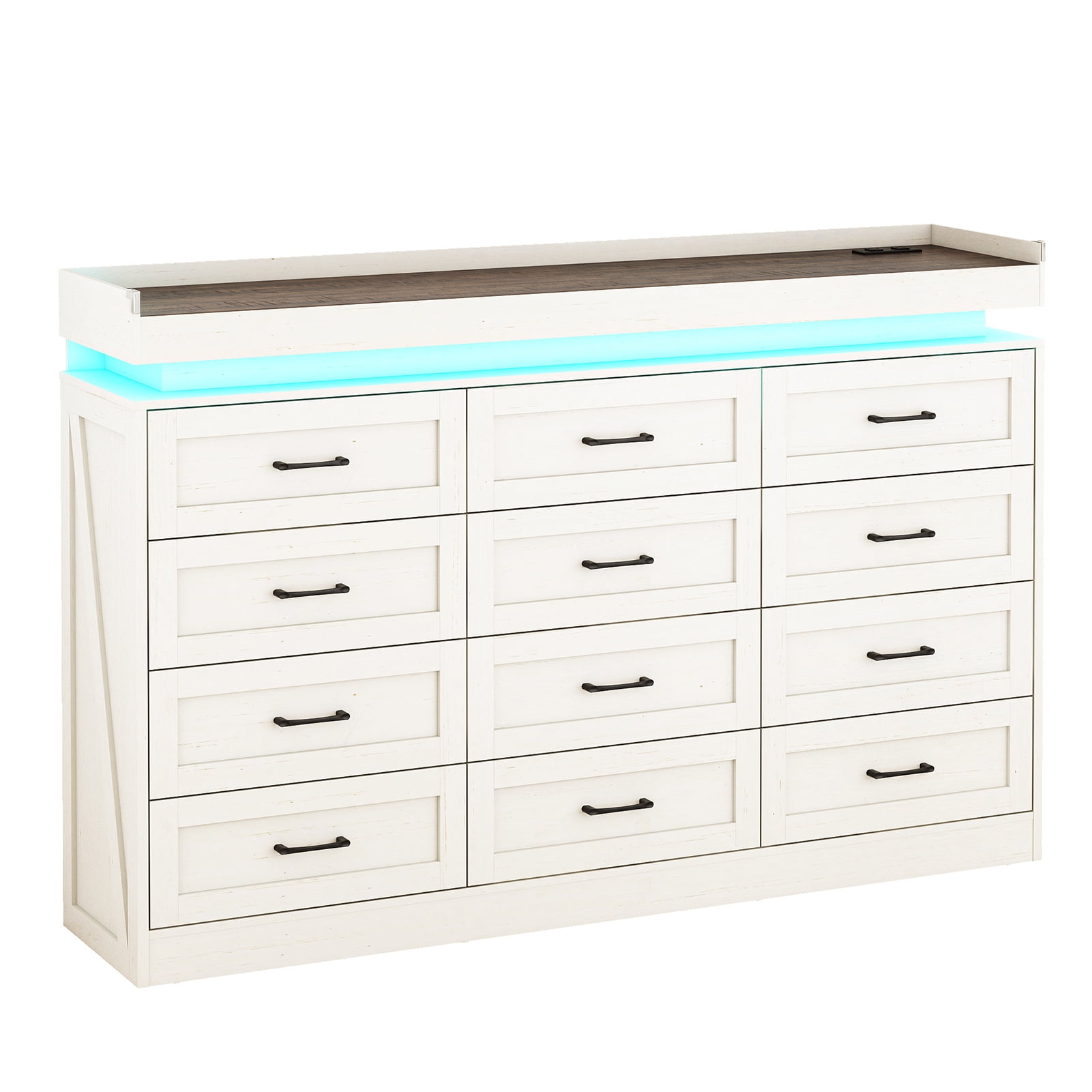 ChVans 12 Drawer Dresser with LED Light and Charging Station, 71" Wide 46" Tall Farmhouse Large Chest of Drawers for Closet, Large Wide Drawer Organizer Cabinet for Bedroom, Living Room