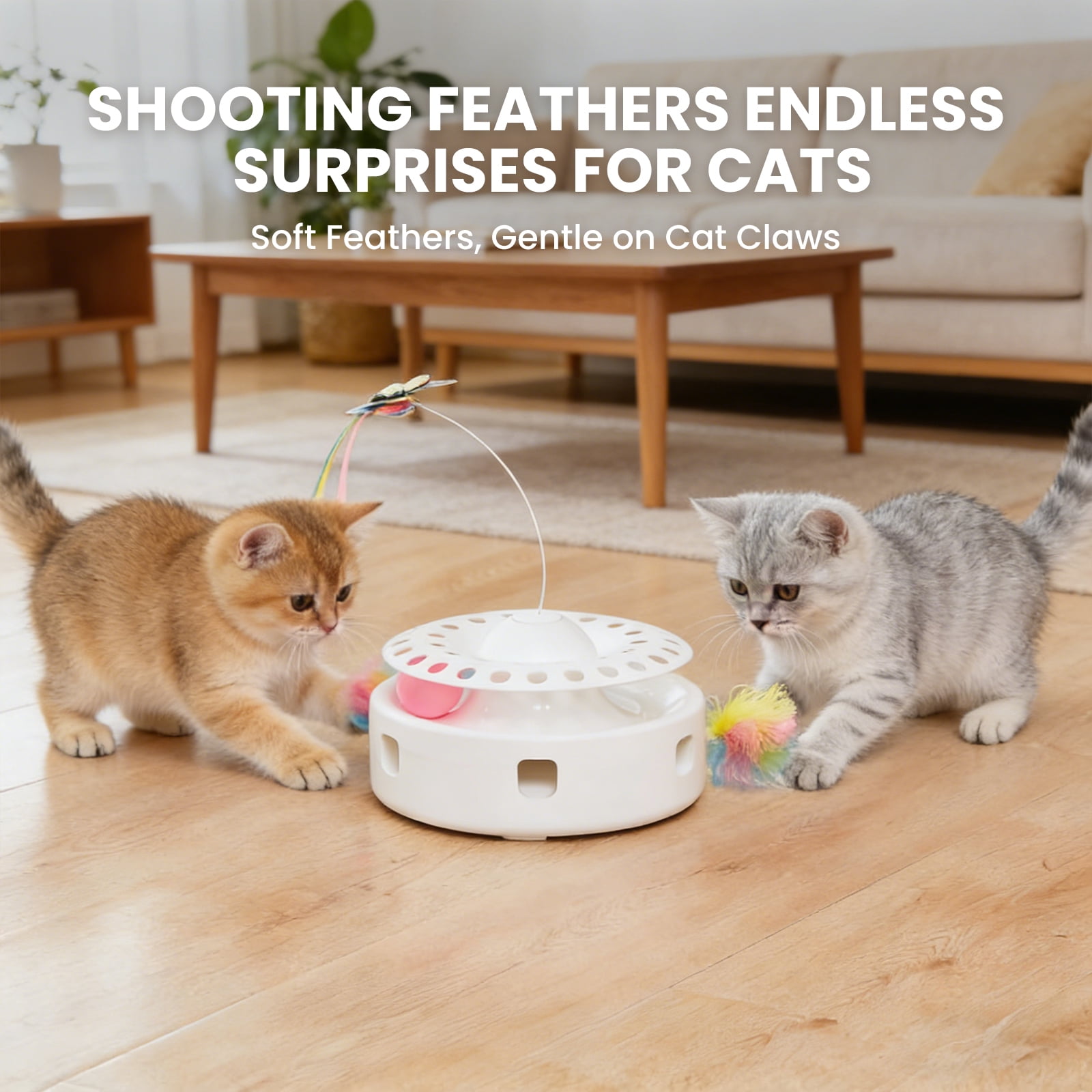 3 in 1 Automatic Interactive Cat Toys,Kitten Toy With Fluttering Butterfly, Moving Feather, Track Balls, Dual Power Supplies, USB Powered (White)